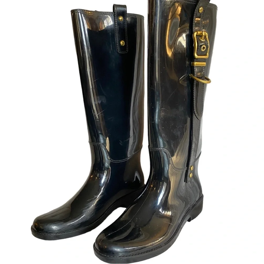 Coach Black Rubber Boots Gold Buckle Knee High 9 Concert classic‎ statment